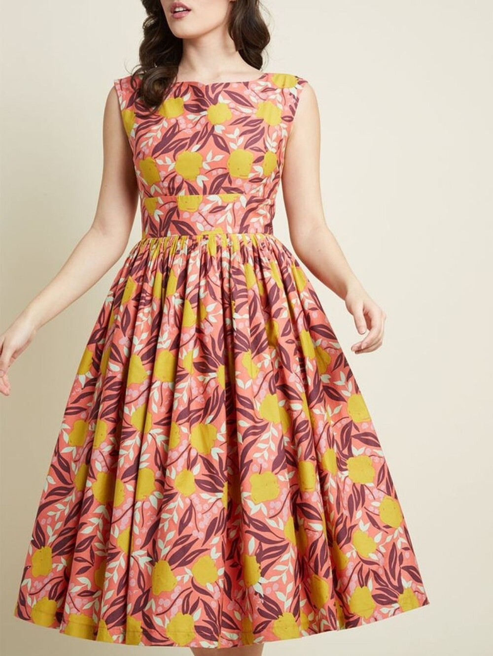Modcloth Pink Floral Midi Dress with Yellow Blooms
